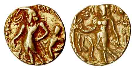 Guptas, Chandragupta II, Gold, Dinar, Chhatra type, an attendant as a dwarf holding a roya