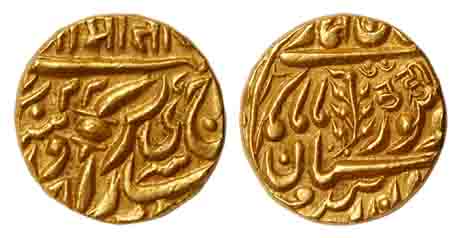 Sardar Singh, Gold, Mohur, with the name of Queen Victoria, RY 22, Nagari initials nrim an