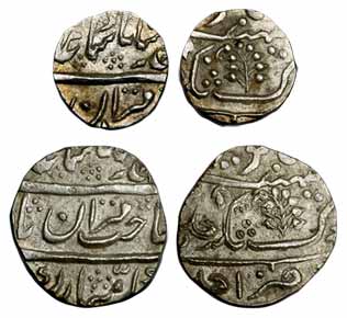 Silver (2), ½ Rupee and ¼ Rupee, in the name of Muhammad Shah, sahib qiran type. Both Abou