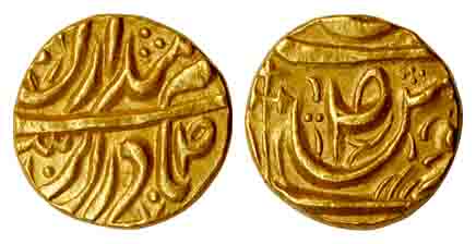 Karm Singh, Gold, Mohur, three-leaf branch on the left of state symbol on rev (KM 35). Ver