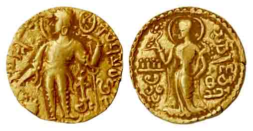Guptas, Kachagupta, Gold, Dinar, Standard type, the king standing to left, holding a wheel