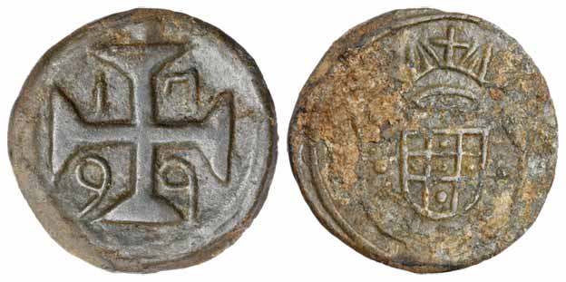 Diu, 20 Bazarucos, Tin, 1799, Cross on obv with date and crown on rev (KM 36). Obv About E