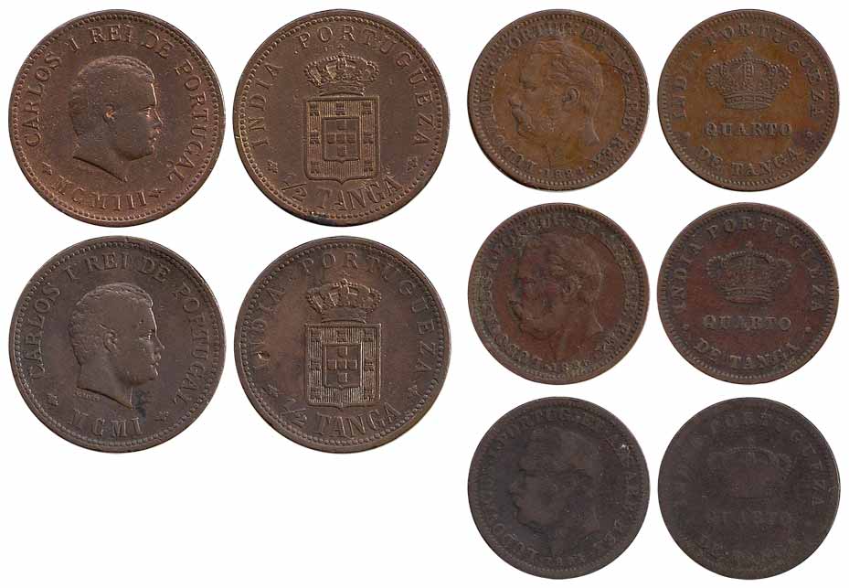 Goa, Copper (5), ½ Tanga, 1901, 1903; ¼ Tanga, 1881, 1884, 1886 (KM 278, 275). About Very 