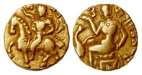 Guptas, Kumaragupta I, Gold, Dinar, Horseman to left type, a king mounted on a horse to le