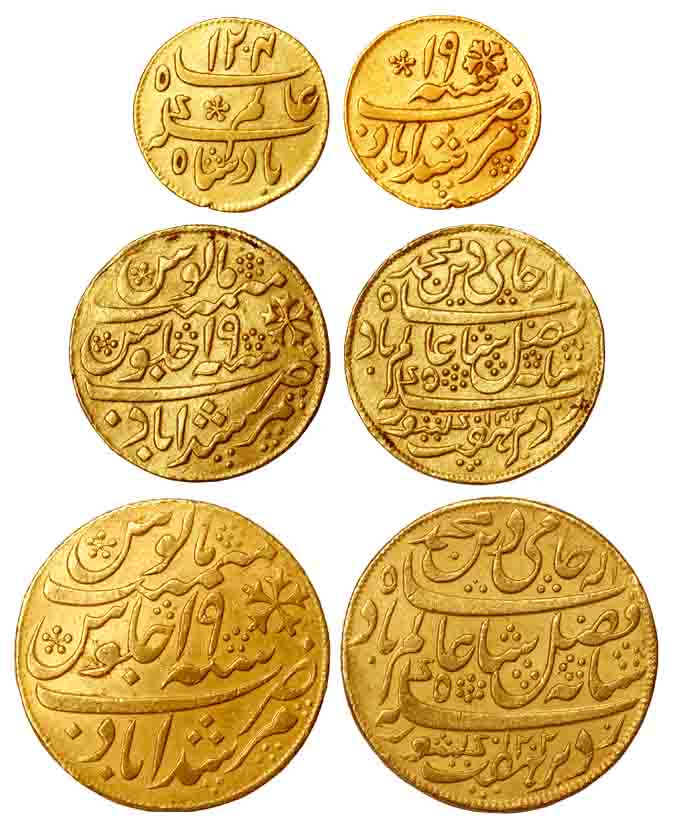 Murshidabad Mint, Gold (3), Set of 3: Mohur, ½ and ¼ Mohur, Murshidabad Mint, struck at Ca