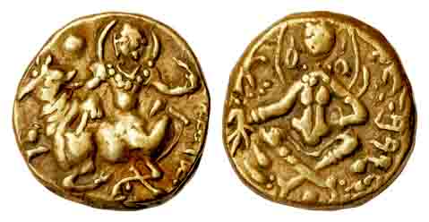 Shashanka, base Gold, Dinar, Lord Shiva seated on a bull, facing and holding a trident in 