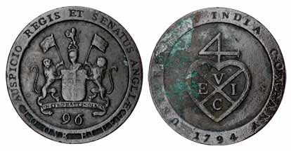 Copper, 1/96 Rupee, 1794. About Very, Rare.