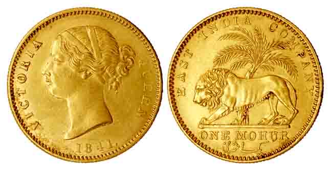 Victoria Queen, Gold, Khajuri Mohur, 1841, Divided Legend type, initials WW incused on tru