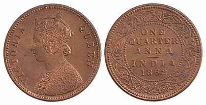 Victoria, Copper (10), ¼ Anna, 1862. All UNC, Scarce. 10 coins