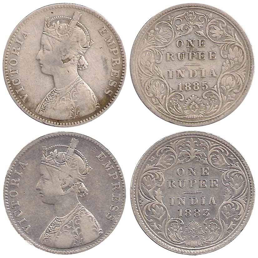 Victoria Empress, Silver (5), Rupee, 1883 (2), with and without dot Mintmark; 1885 (3), Ob