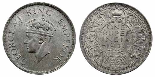 George VI, Silver, Rupee, 1941, Bombay Mint, Error, without a dot below kings head on obv.