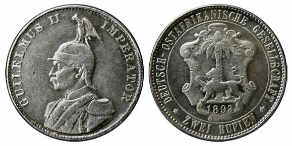 German East Africa, Wilhelm II, Silver, Double Rupee, 1893 (KM# 5). About Extremely Fine, 
