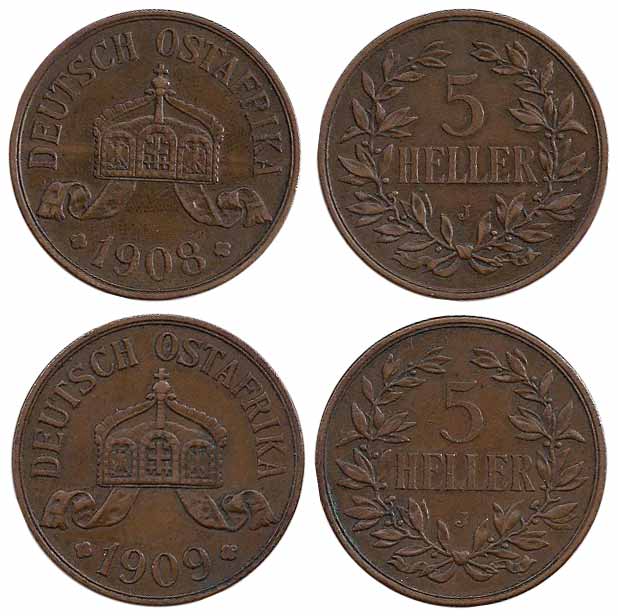 German East Africa, Copper (2), 5 Heller, 1908J and 1909J. Very Fine+, Scarce. 2 coins