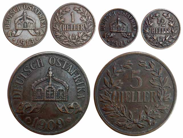 German East Africa, Copper (3), 5, 1 and ½ Heller, 1909, 1913 and 1904. Very Fine+, Scarce