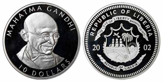 Liberia, Silver, 10 Dollars, Proof, Commemorating Mahatma Gandhi with his smiling face on 