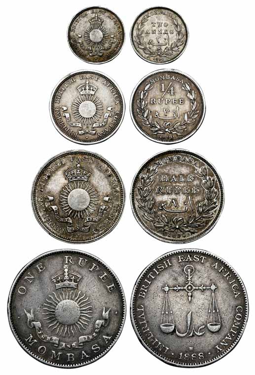Mombasa, Silver (4), Rupee, ½, ¼ Rupee and 2 Annas, 1888, 1890, 1890, and 1890. Very Fine 