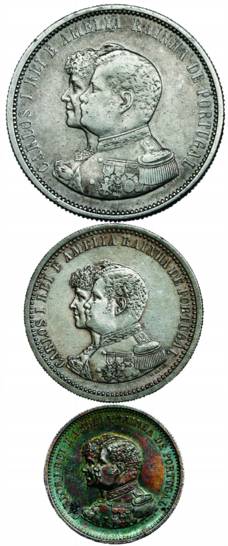 Portugal, Carlos I, Silver (3), 1000, 500 and 200 Reis, 1898. About UNC with luster, Scarc