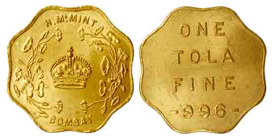 Bombay Mint Token, Gold, 1 Tola, H M Mint, Bombay, scalloped flan, 996 Fine, pre-1947 issu
