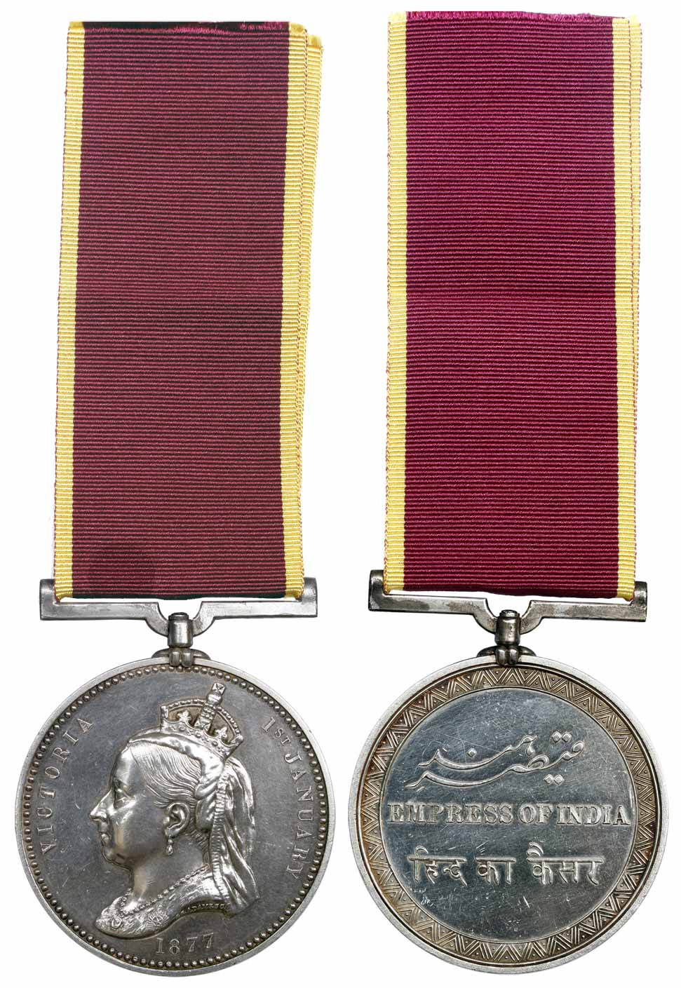 Victoria, Empress of India Medal - 1877, Silver, name and portrait of Victoria on obv with