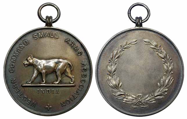 Rifle Shooting Medal, Silver, Western India Small Arms Association, a tiger walking to lef