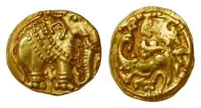 Western Ganges, Gold, Elephant Pagoda , an ornate elephant standing to right on obv and an