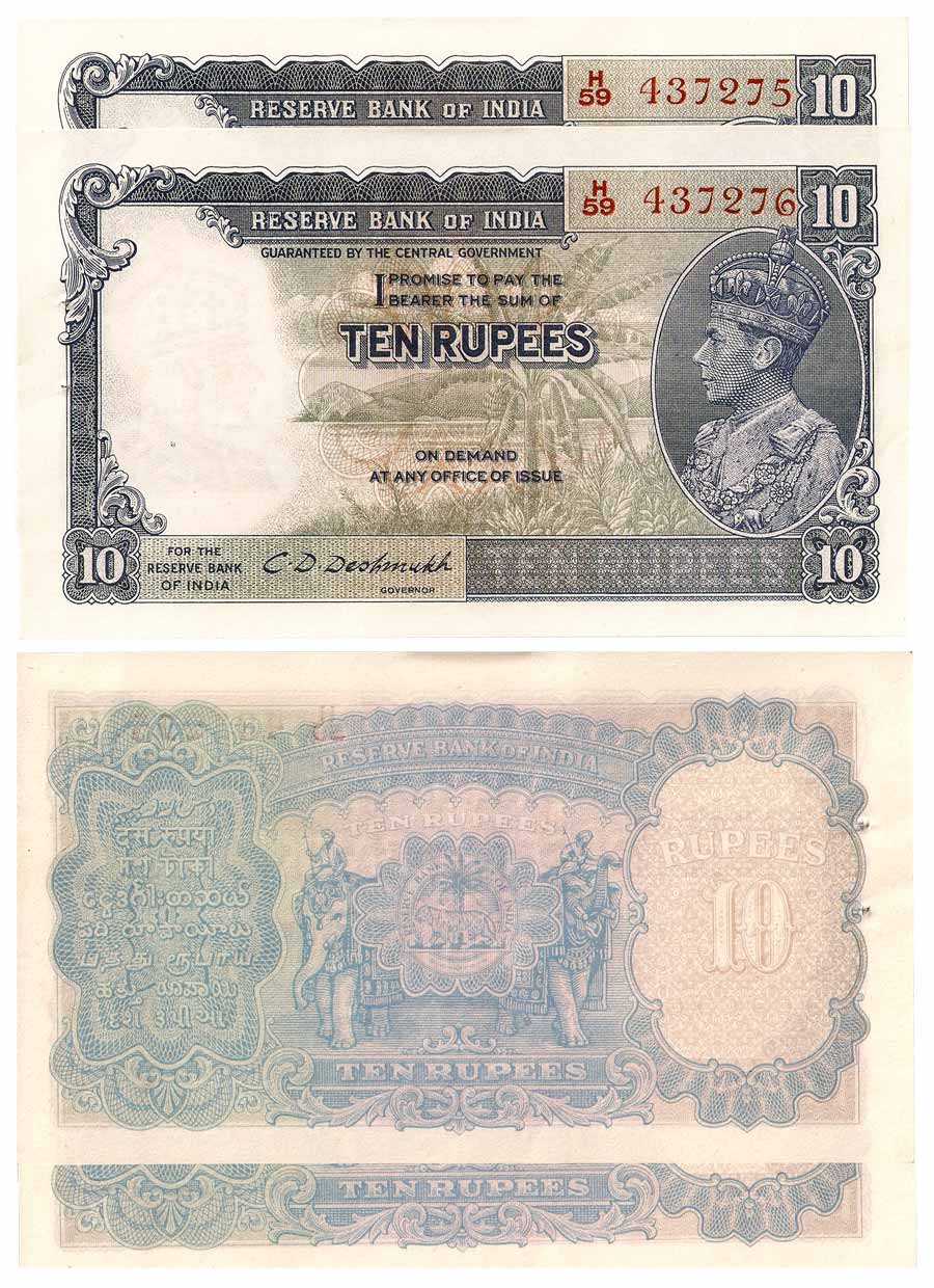 British India, George VI, Rs. 10 (2), Sign C D Deshmukh, Profile type (Jhun# 5.2). Both th