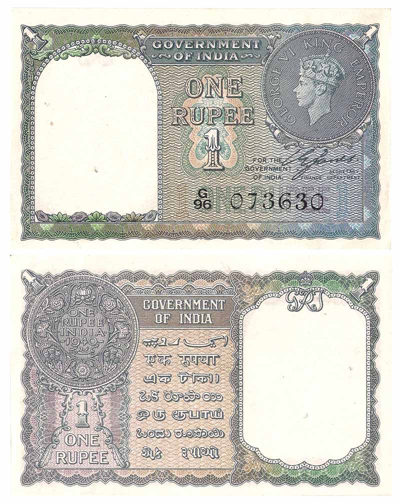 British India, George VI, Re. 1, Sign C E Jones, Prefix G96, Serial Number in Black (Jhun#