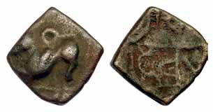 Waghelas of Gujarat, Karandeva, Copper, 3.19 g, a stylized lion to left on obv, Nagari leg