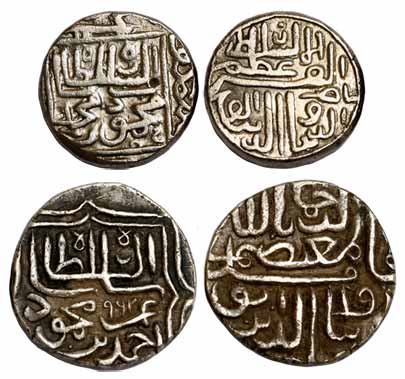 Silver (2), Mahmud Shah I, Tanka, 11.34 g, and Ahmad Shah III, 10.62 g. Very Fine, Scarce.