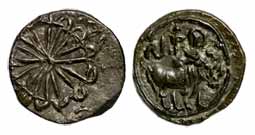 Pallavas, Copper, stylized lotus on obv; a bull standing to right in the centre, three Bra