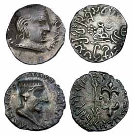 Western Kshatrapas, Silver (2), Nahapana and Ishvaradatta, Varshe Dwitiye (2). Very Fine+,