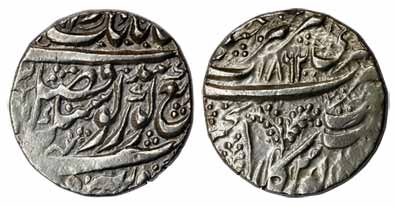Amritsar Mint, Silver, Rupee, Mora type, VS 1862, a floral branch known as Mora on rev. Ve