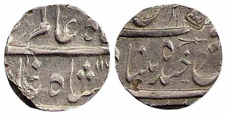Nizam Ali Khan, Silver, Rupee, in the name of Shah Alam II, Farkhanda Bunyad Haiderabad Mi