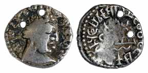 Satavahanas, Vasithiputa Shri Pulumavi, Silver, Portrait type, cleaned shaved bust of the 