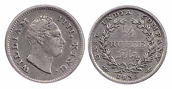 William IV, Silver, ¼ Rupee, 1835, without initials. About Very Fine, Scarce.