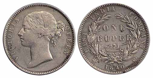 Victoria Queen, Silver, Rupee, Divided legend type, 1840, W.W. raised on truncation, 25 Be