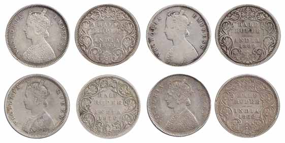 Victoria, Silver (4), ½ Rupee, 1862, 1876, 1882 and 1899. Very Fine, Scarce. 4 coins