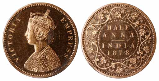 Victoria Empress, Copper, ½ Anna, Proof, 1878. With original paper envelop of the mint. Pr