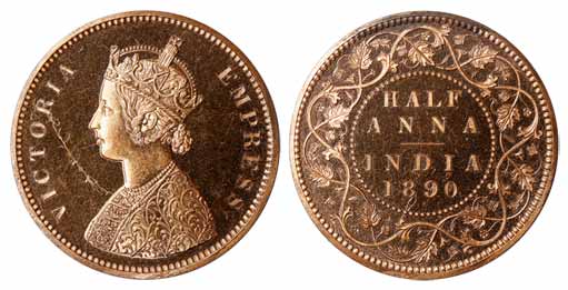Victoria Empress, Copper, ½ Anna, Proof, 1890. With original paper envelop of the mint. Pr