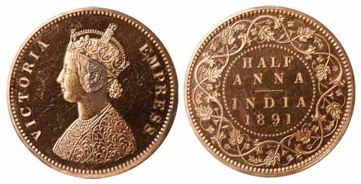 Victoria Empress, Copper, ½ Anna, Proof, 1891. With original paper envelop of the mint. Pr