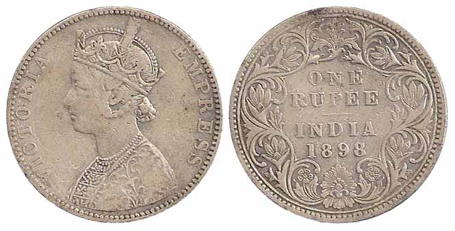 Victoria Empress, Silver, Rupee, 1898. The date seems to be re-engraved on the earlier die