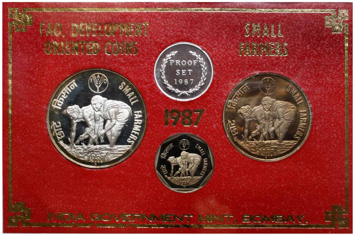 Proof Set of 1987, Small Farmers theme, Bombay Mint, 3 coin set with Rs. 100 &amp; 20 and 