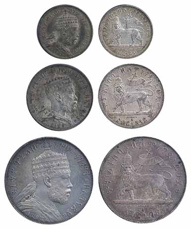 Ethiopia, Silver (3), Set of 3 coins, crowned bust of the king on obv, lion standing with 