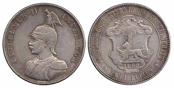 German East Africa, Silver, Double Rupee, 1893. About Very Fine, Very Rare.