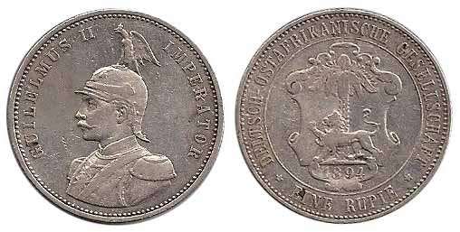 German East Africa, Silver, Rupee, 1894. About Very Fine, Scarce date.