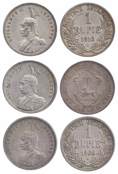 German East Africa, Silver (3), Rupee, 1890, 1906, and 1910. Very Fine, Scarce. 3 coins