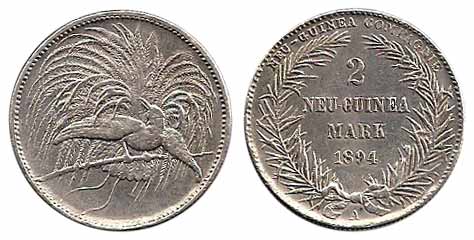 Neu Guinea, Silver, 2 Neu-Guinea Mark, 1894 A (Y# 6). Very Fine, Very Rare.