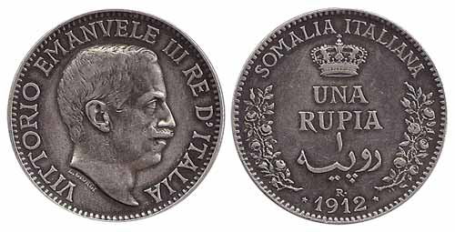 Somalia Italia, Silver, Una (1) Rupia, 1912R. Very Fine+, Scarce.