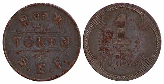 POW Token, Zink, Prisoner of War Token, 1 Frank, minted during the World War I, used by th