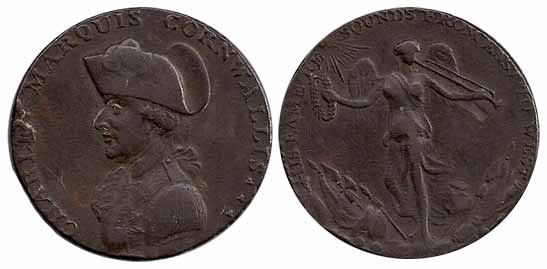Postal Token, Copper, name and portrait of Lord Cornwallis on obv, Goddess Victory on rev,